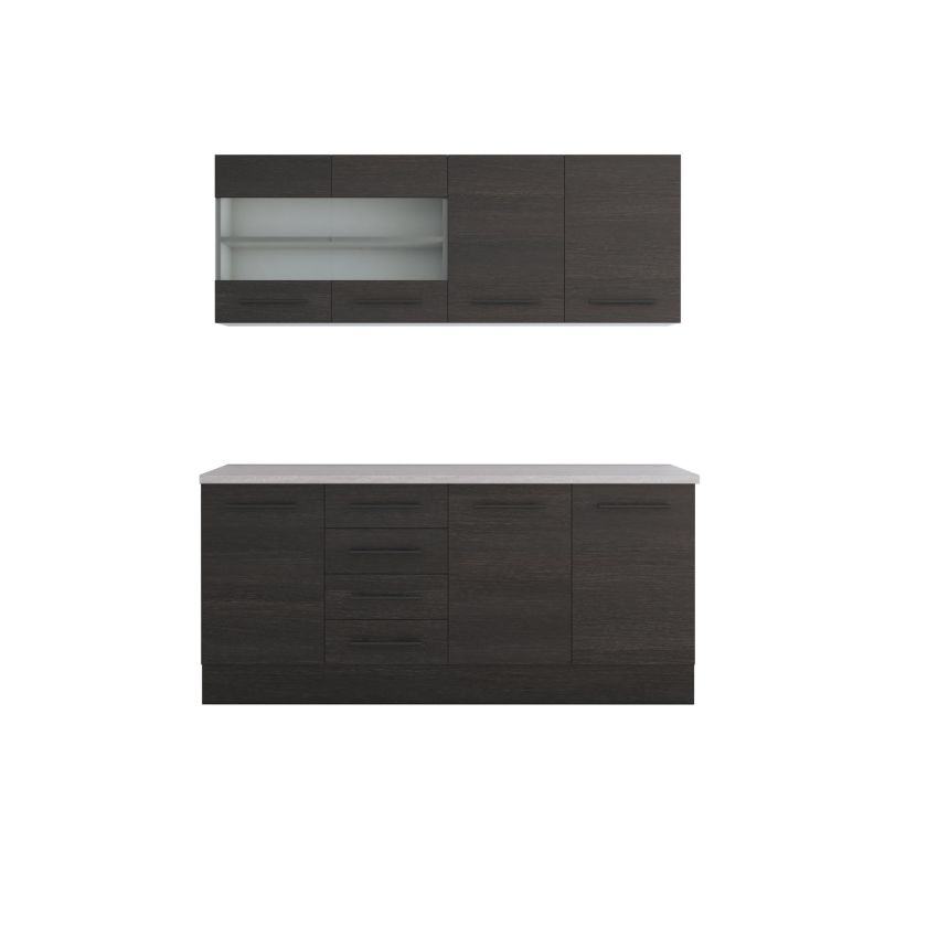 Bucatarie Alfa 180, Cu vitrina, Wenge, Blat termic travertin