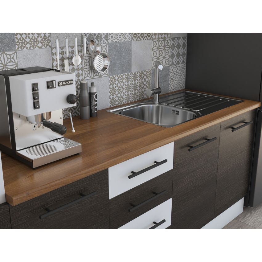 Bucatarie Alfa 240, Soldat, Cu vitrina, Wenge/Alb, Blat termic nuc