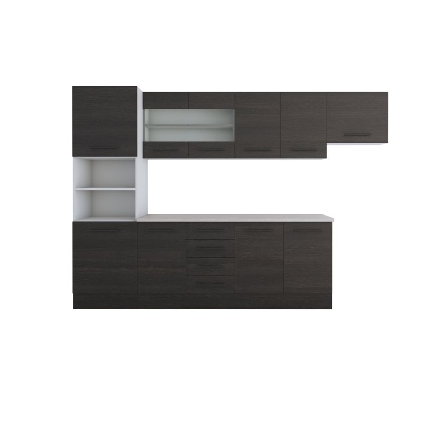 Bucatarie Alfa 300, corp hota si soldat, cu vitrina, wenge, blat termic travertin