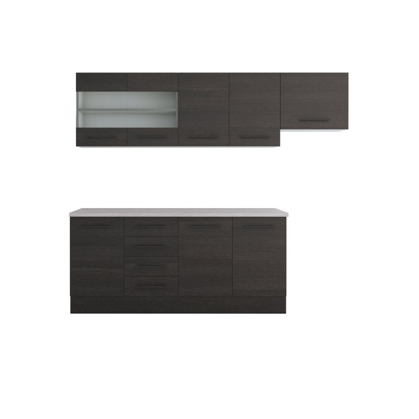 Bucatarie alfa 240, corp hota, cu vitrina, wenge, blat termic travertin