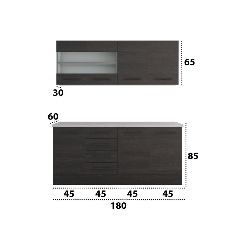 Bucatarie Alfa 180, Cu vitrina, Wenge, Blat termic travertin