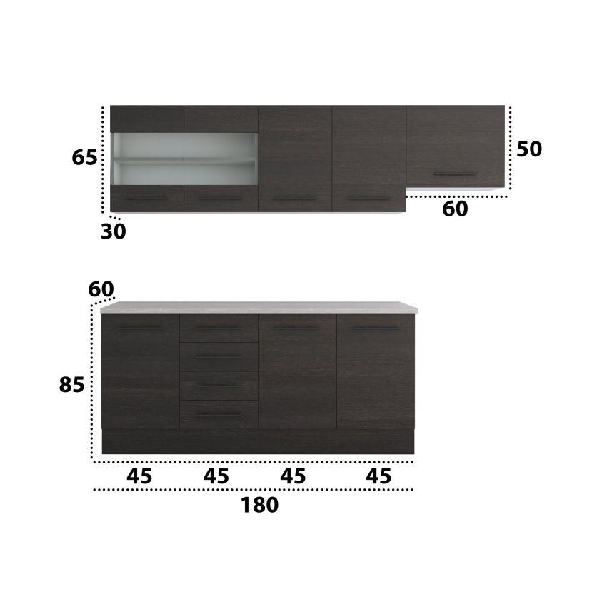 Bucatarie alfa 240, corp hota, cu vitrina, wenge, blat termic travertin