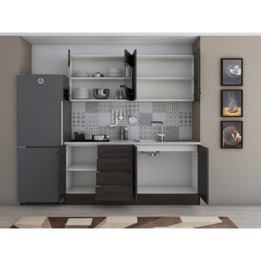 Bucatarie Alfa 180, Cu vitrina, Wenge, Blat termic travertin