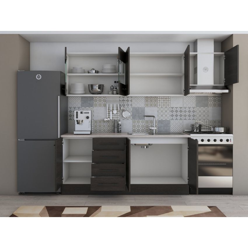 Bucatarie alfa 240, corp hota, cu vitrina, wenge, blat termic travertin