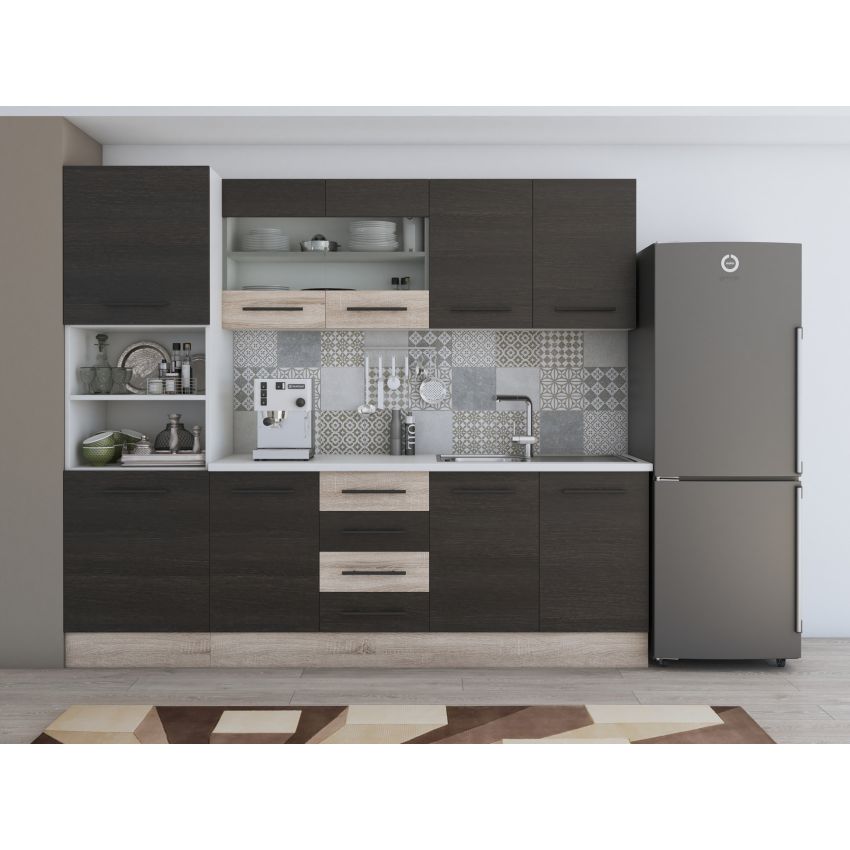Bucatarie Alfa 240, Soldat, Cu vitrina, Alb, Blat termic alb