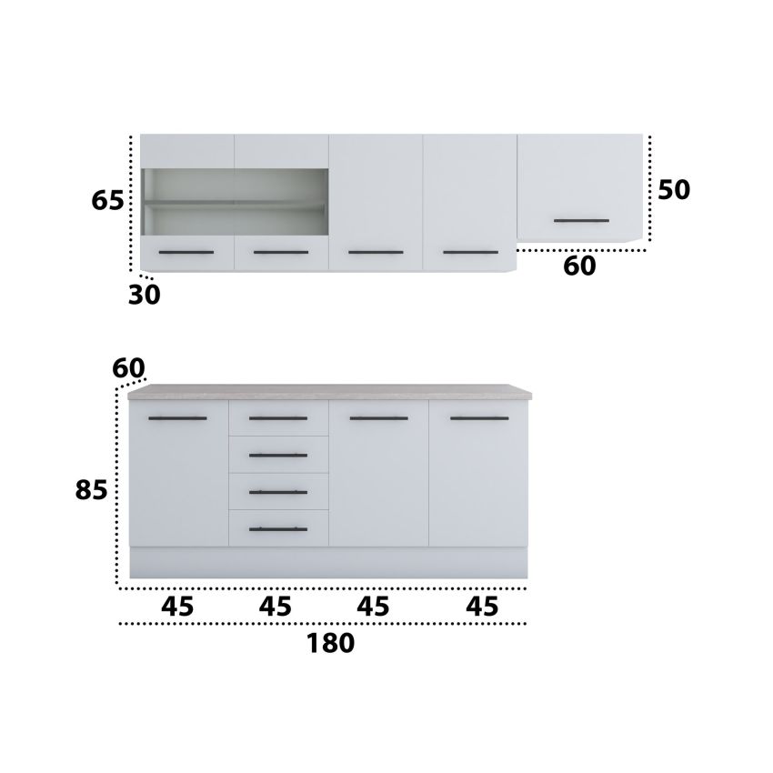 Bucatarie Alfa 240, Corp hota, Cu vitrina, Alb, Blat termic travertin