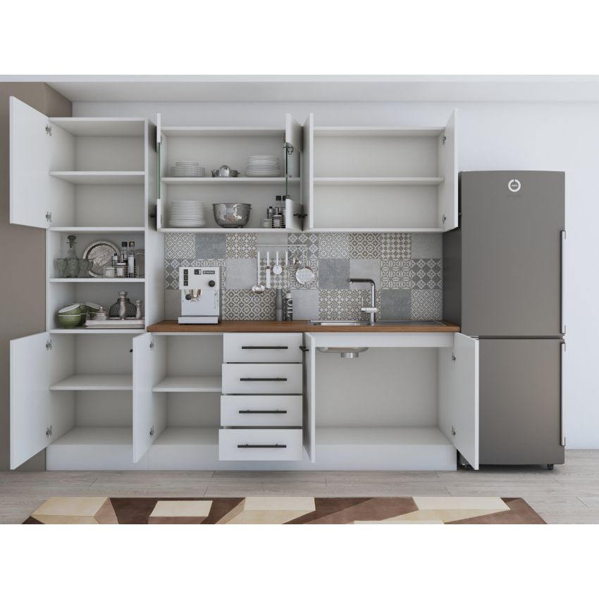 Bucatarie Alfa 240, Soldat, Cu vitrina, Alb, Blat termic nuc