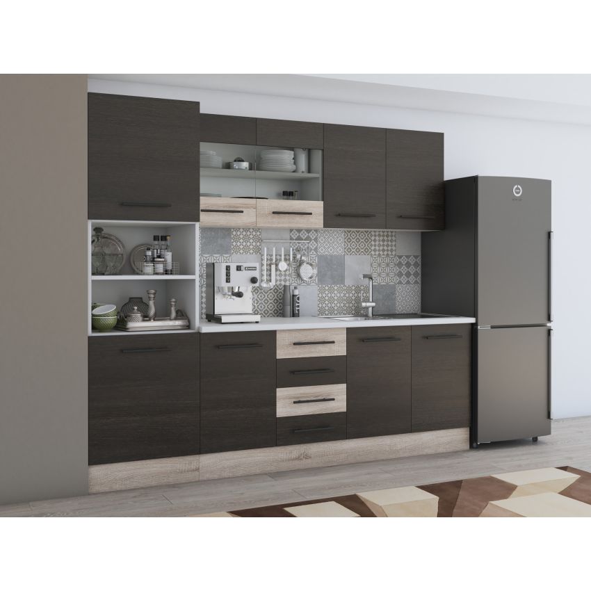 Bucatarie Alfa 240, Soldat, Cu vitrina, Wenge/Sonoma, blat termic alb