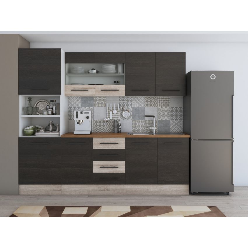 Bucatarie Alfa 240, Soldat, Cu vitrina, Alb, Blat termic nuc