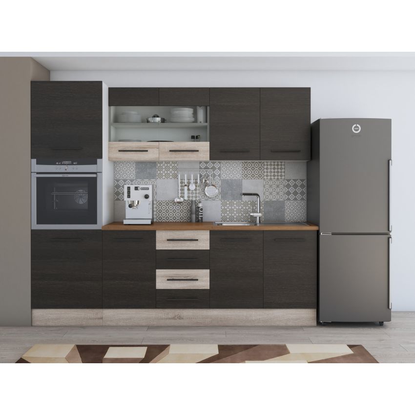 Bucatarie Alfa 240, Soldat, Cu vitrina, Wenge/Alb, Blat termic travertin