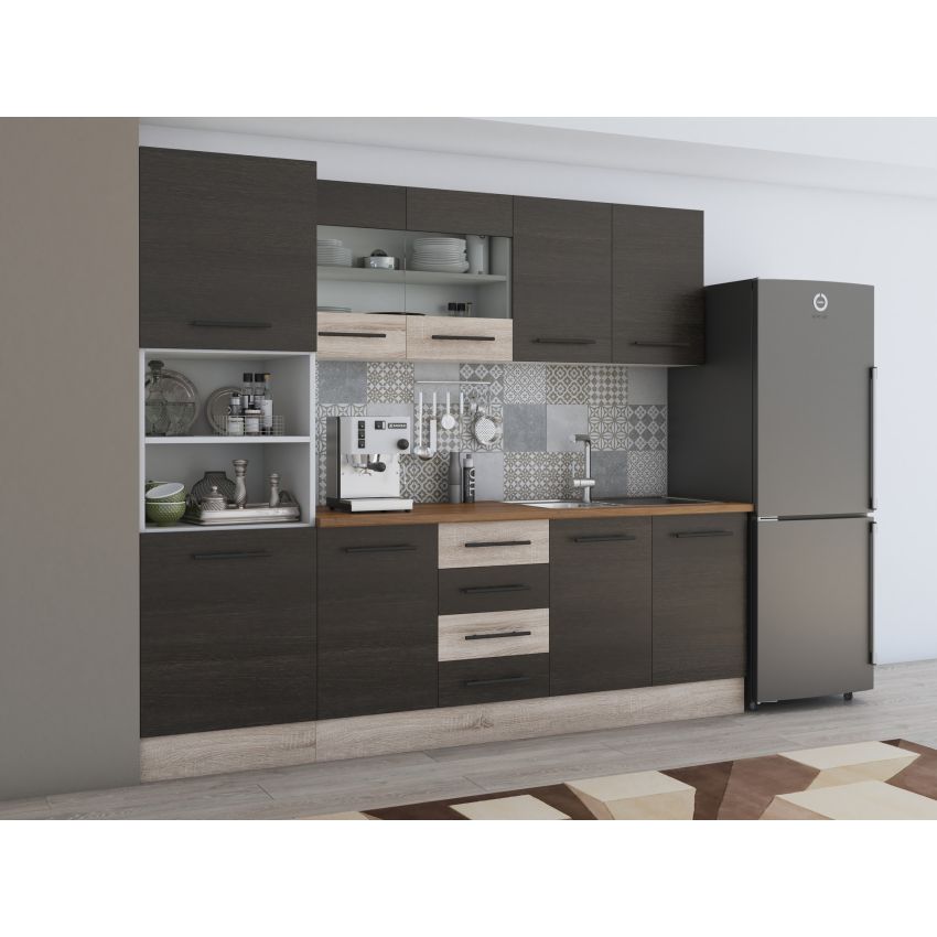 Bucatarie Alfa 240, Soldat, Cu vitrina, Wenge/Alb, Blat termic travertin