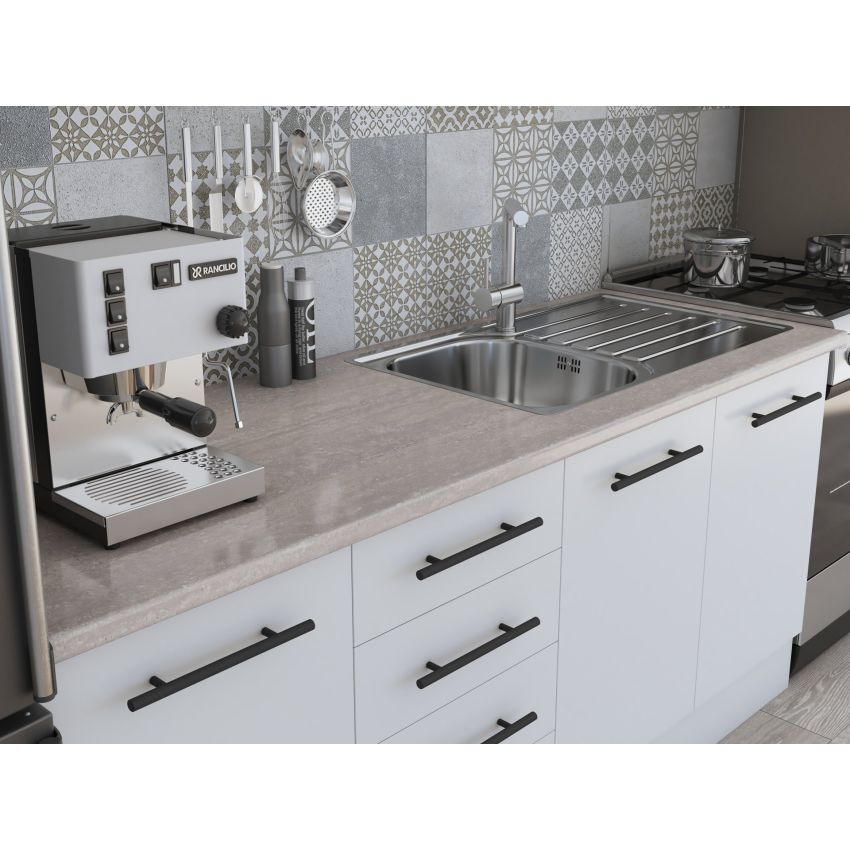 Bucatarie Alfa 240, Corp hota, Cu vitrina, Alb, Blat termic travertin