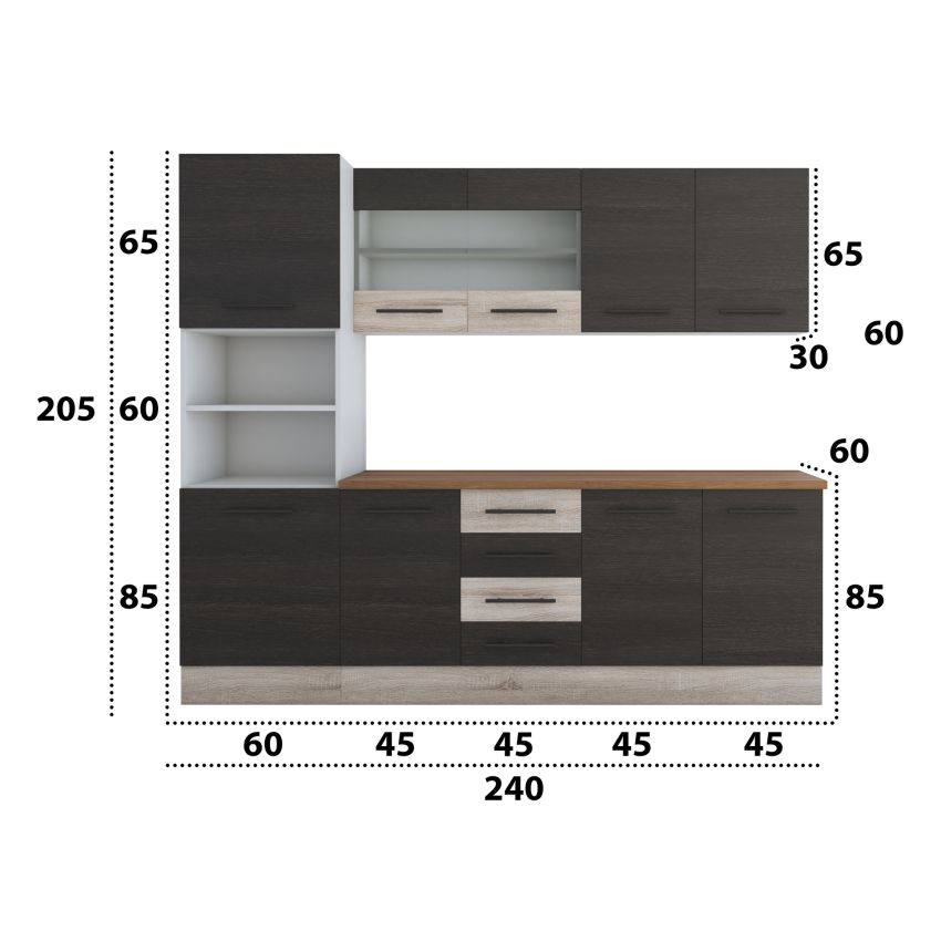 Bucatarie Alfa 240, Soldat, Cu vitrina, Wenge/Alb, Blat termic travertin
