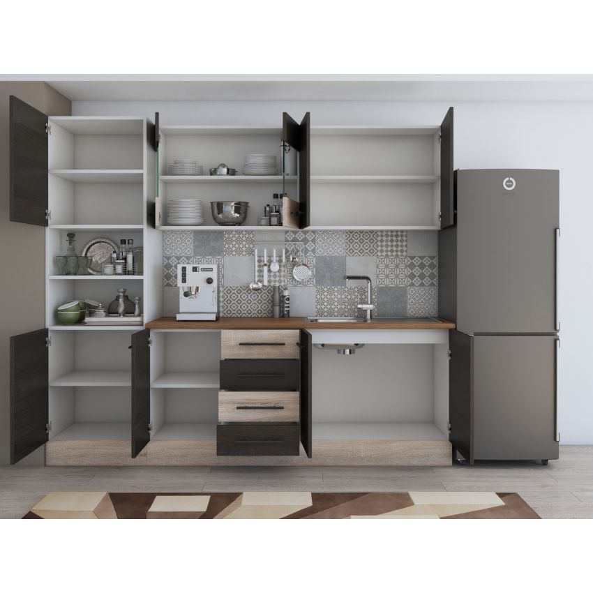 Bucatarie Alfa 240, Soldat, Cu vitrina, Wenge/Alb, Blat termic travertin
