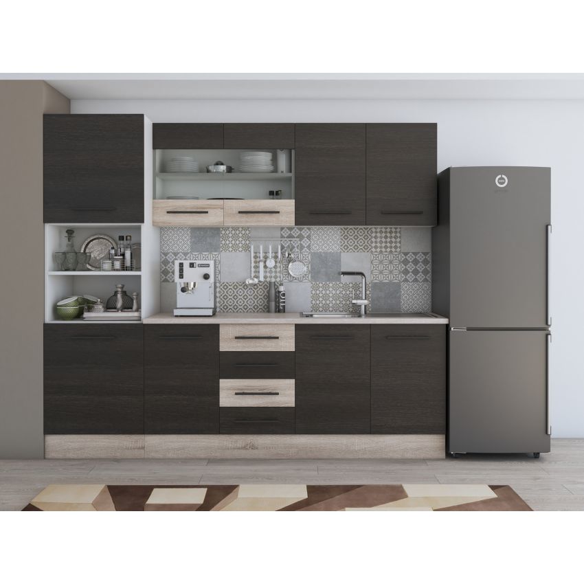 Bucatarie Alfa 240, Soldat, Cu vitrina, Alb, Blat termic travertin