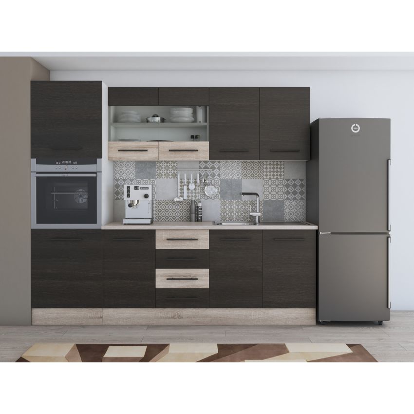 Bucatarie Alfa 240, Soldat, Cu vitrina, Wenge/Sonoma, Blat termic travertin