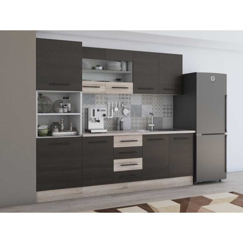 Bucatarie Alfa 240, Soldat, Cu vitrina, Wenge/Sonoma, Blat termic travertin