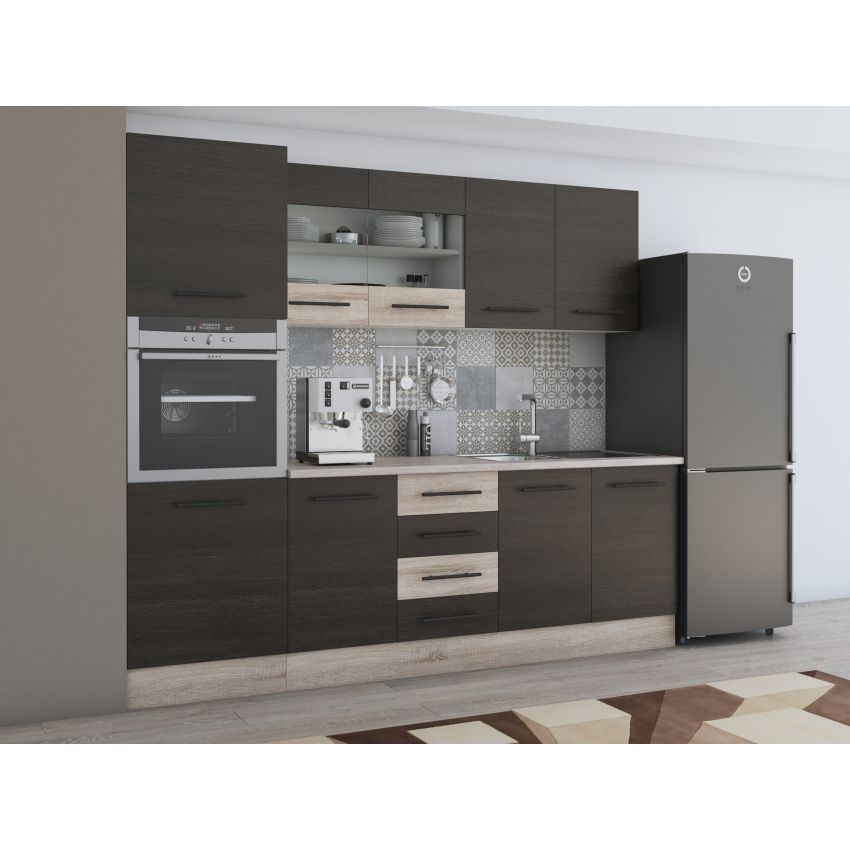 Bucatarie Alfa 240, Soldat, Cu vitrina, Wenge/Sonoma, Blat termic travertin