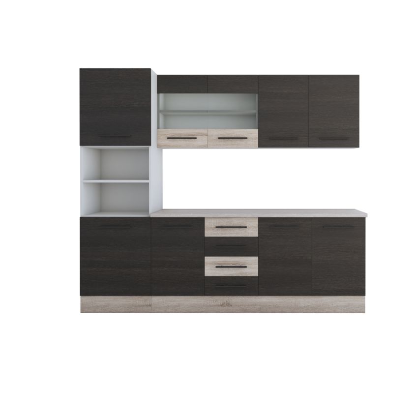 Bucatarie Alfa 240, Soldat, Cu vitrina, Wenge/Sonoma, Blat termic travertin