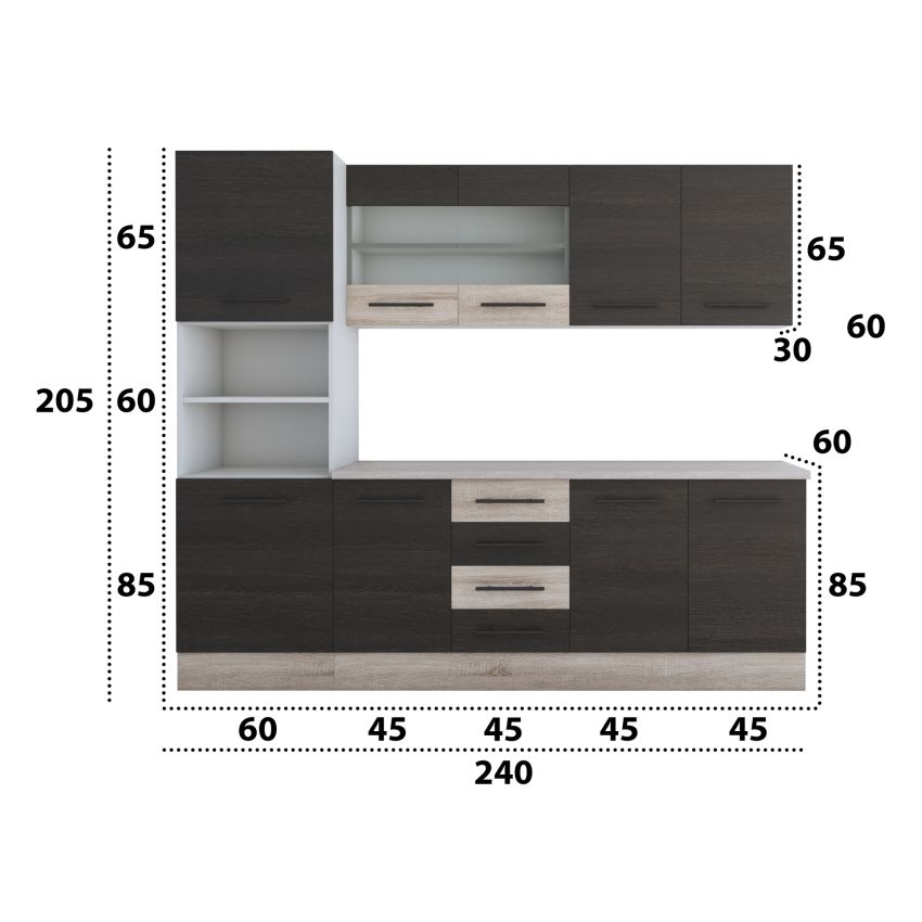 Bucatarie Alfa 240, Soldat, Cu vitrina, Wenge/Sonoma, Blat termic travertin