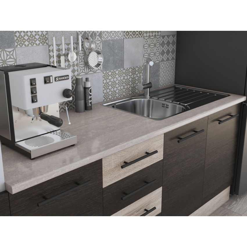 Bucatarie Alfa 240, Soldat, Cu vitrina, Wenge/Sonoma, Blat termic travertin