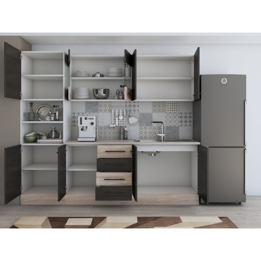 Bucatarie Alfa 240, Soldat, Cu vitrina, Wenge/Sonoma, Blat termic travertin