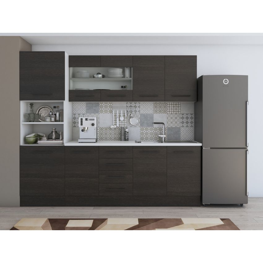 Bucatarie Alfa 240, Soldat, Cu vitrina, Alb, Blat termic alb