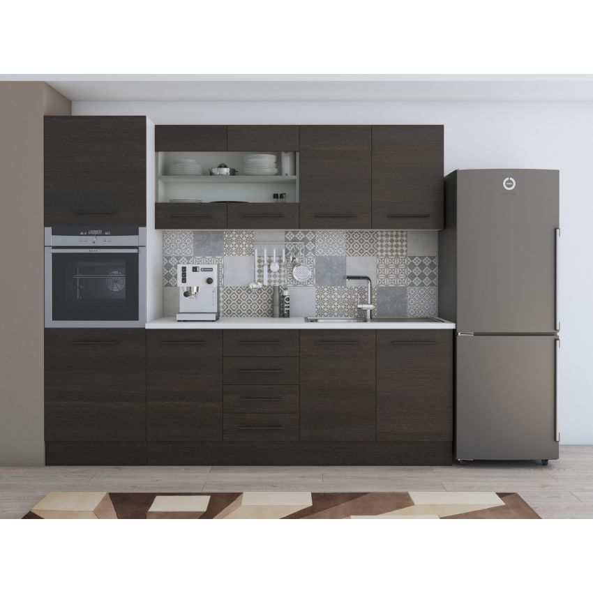 Bucatarie Alfa 240, Soldat, Cu vitrina, Wenge, Blat termic alb