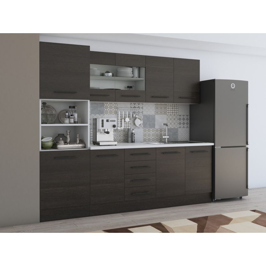 Bucatarie Alfa 240, Soldat, Cu vitrina, Wenge, Blat termic alb