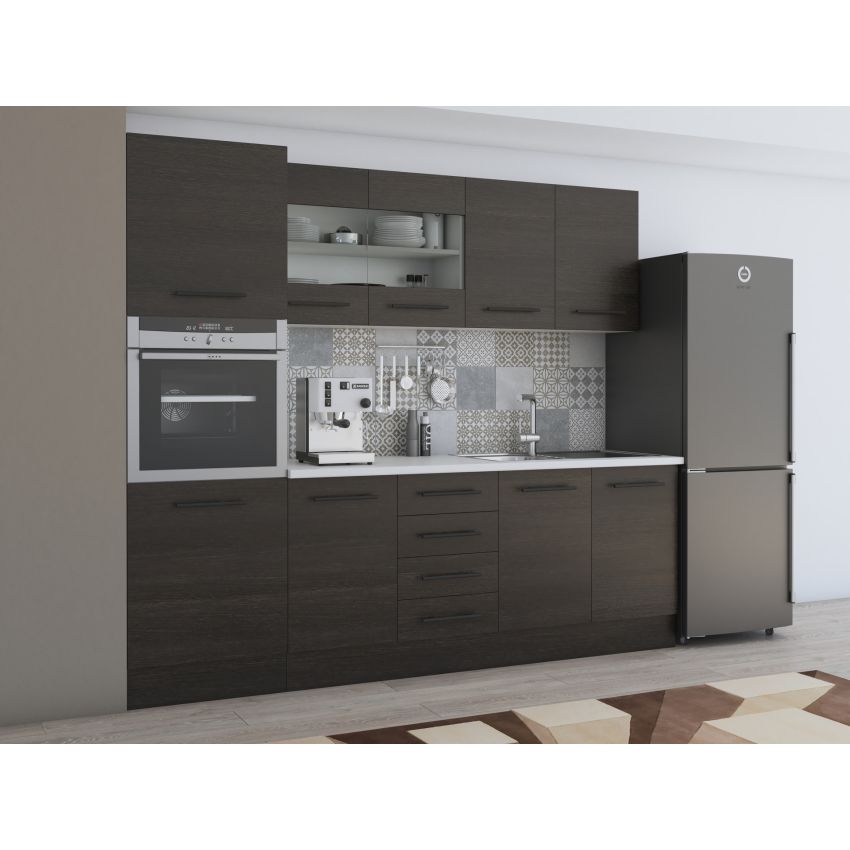 Bucatarie Alfa 240, Soldat, Cu vitrina, Wenge, Blat termic alb