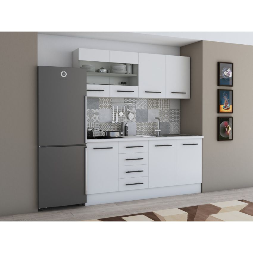 Bucatarie Alfa 180, Cu vitrina, Alb, Blat termic alb