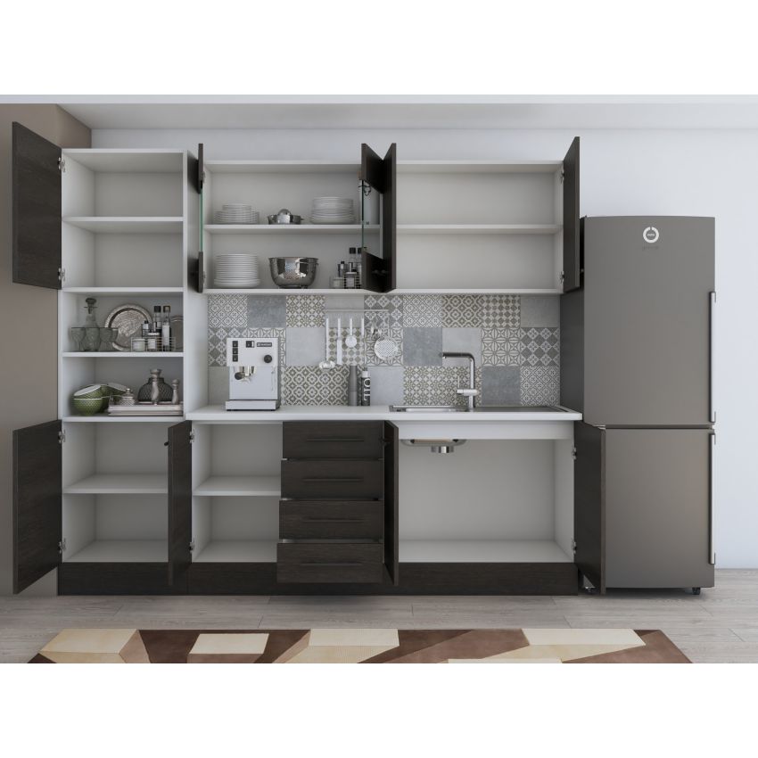 Bucatarie Alfa 240, Soldat, Cu vitrina, Wenge, Blat termic alb