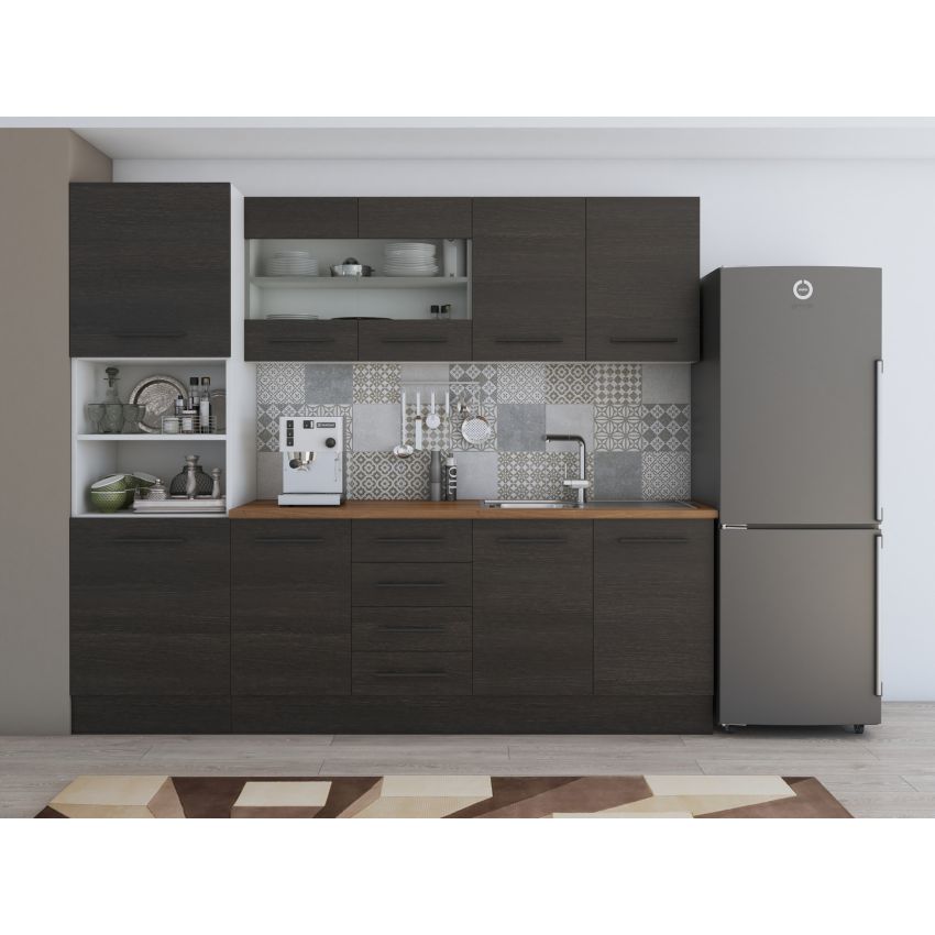 Bucatarie Alfa 240, Soldat, Cu vitrina, Alb, Blat termic nuc