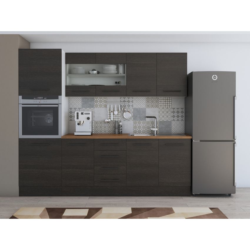 Bucatarie Alfa 240, Soldat, Cu vitrina, Wenge, Blat termic nuc