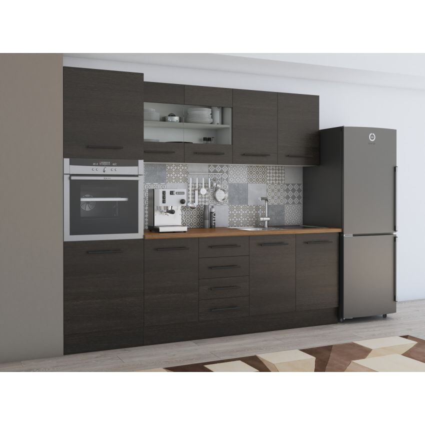 Bucatarie Alfa 240, Soldat, Cu vitrina, Wenge, Blat termic nuc