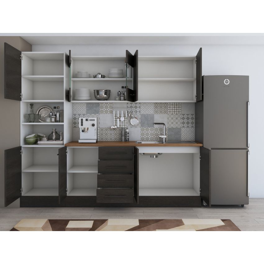 Bucatarie Alfa 240, Soldat, Cu vitrina, Wenge, Blat termic nuc