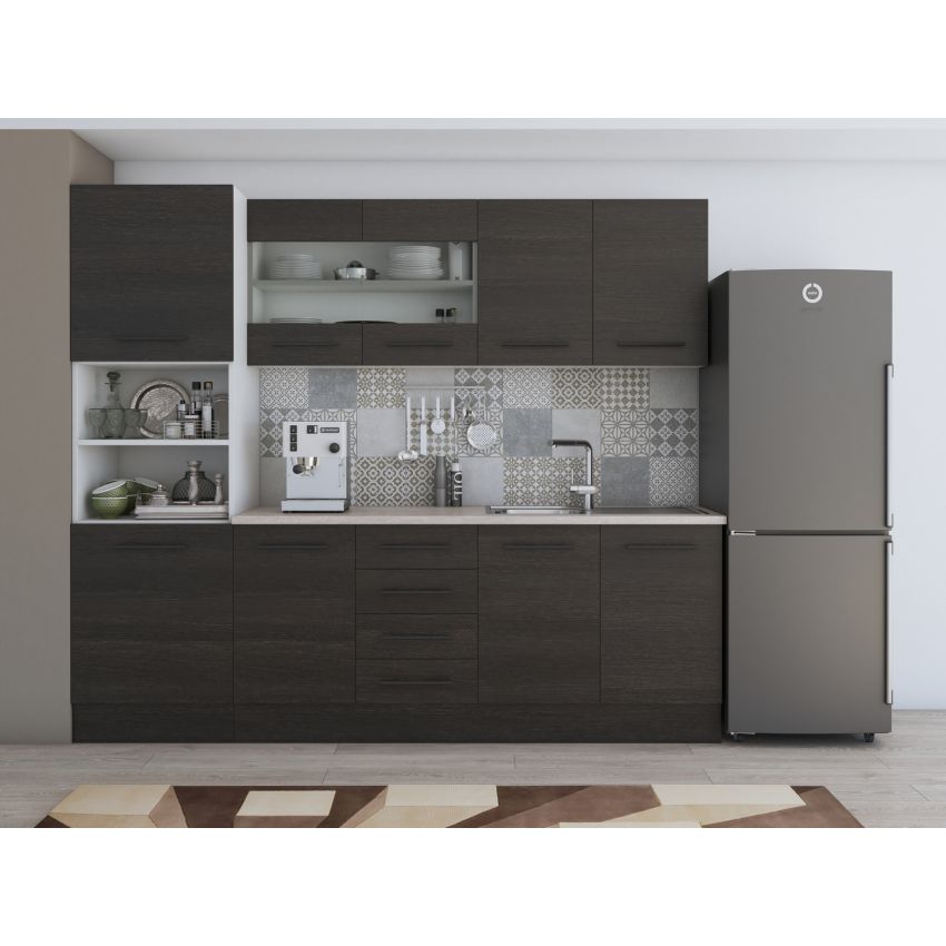 Bucatarie Alfa 240, Soldat, Cu vitrina, Alb, Blat termic travertin