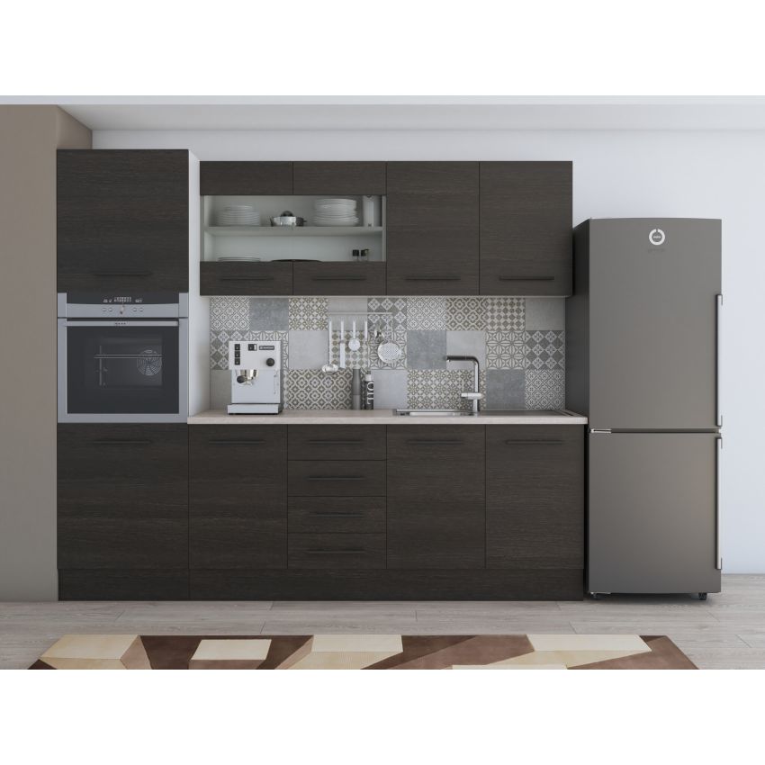 Bucatarie Alfa 240, Soldat, Cu vitrina, Wenge, Blat termic travertin