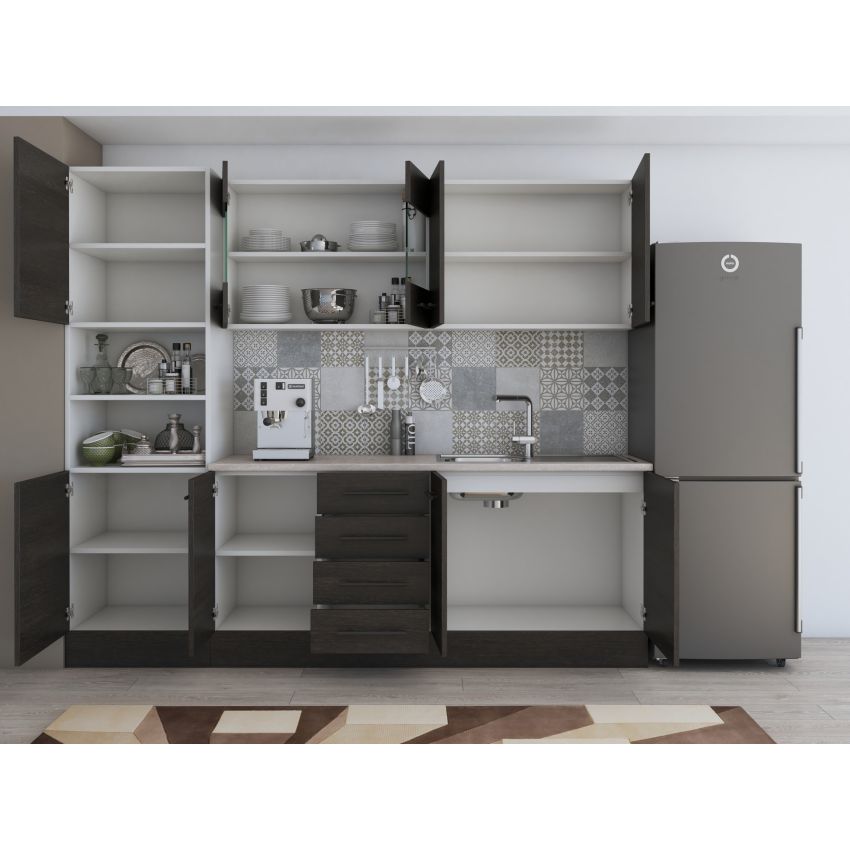 Bucatarie Alfa 240, Soldat, Cu vitrina, Wenge, Blat termic travertin