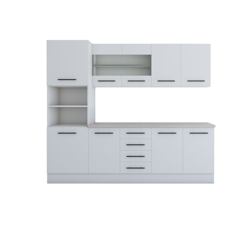 Bucatarie Alfa 240, Soldat, Cu vitrina, Alb, Blat termic travertin