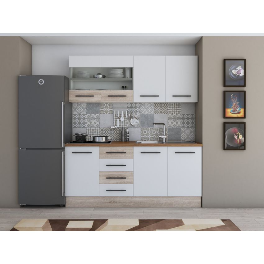 Bucatarie Alfa 180, Cu vitrina, Alb, Blat termic nuc