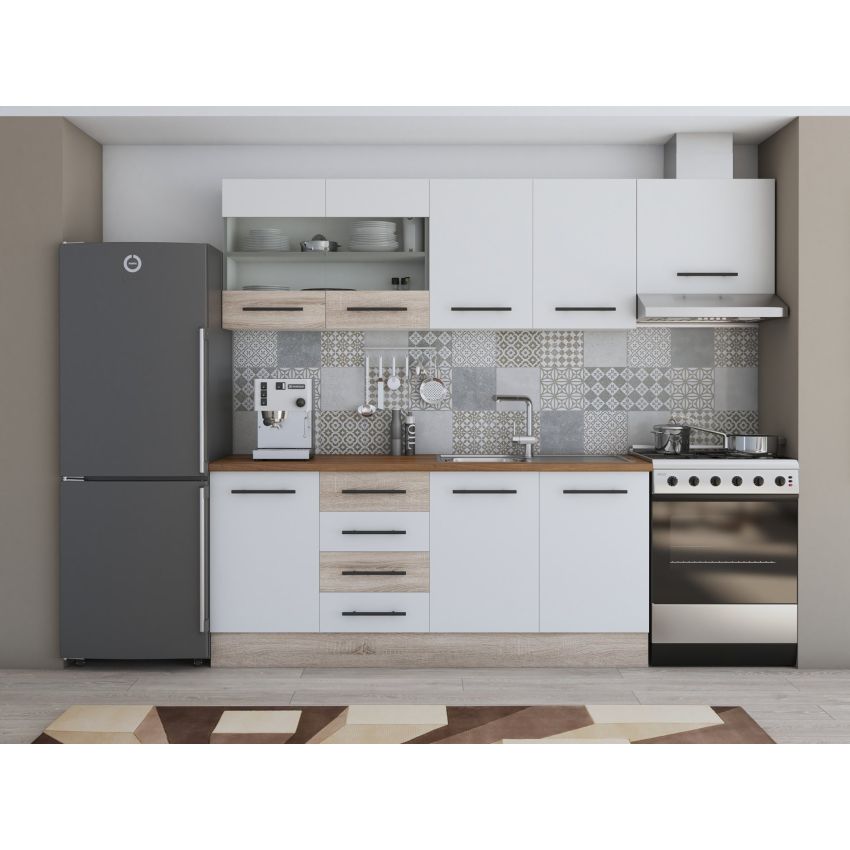 Bucatarie Alfa 240, Corp hota, Cu vitrina, Alb, Blat termic nuc