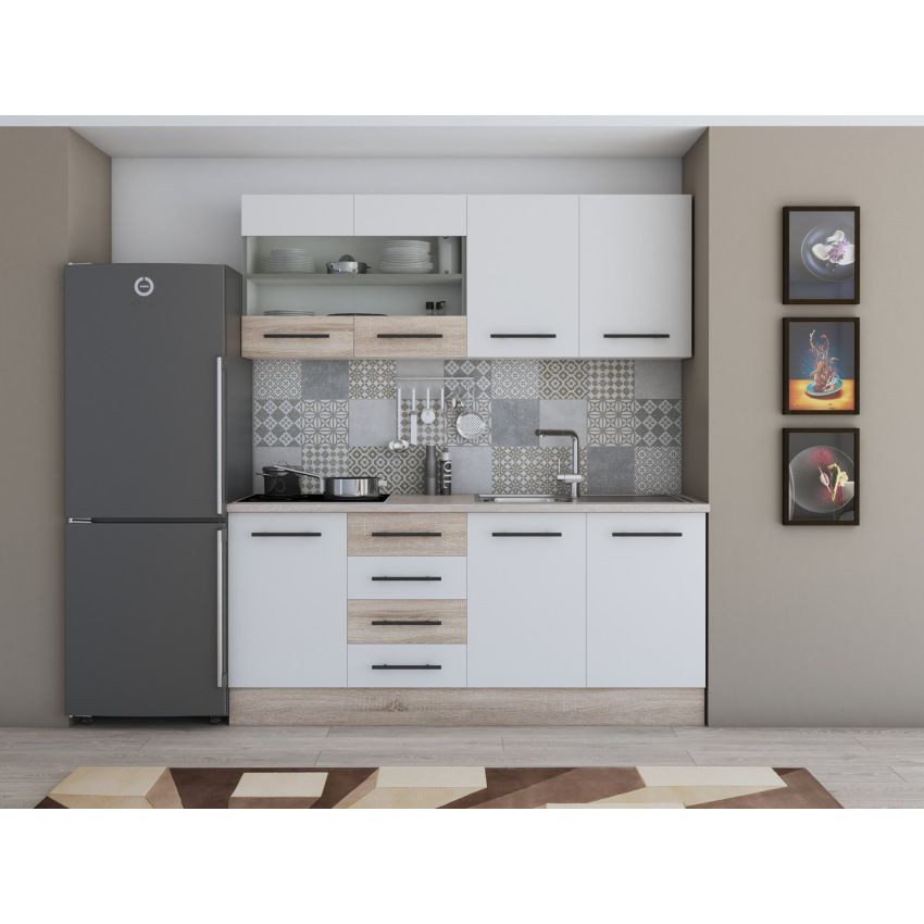 Bucatarie Alfa 180, Cu vitrina, Wenge/Alb, Blat termic travertin