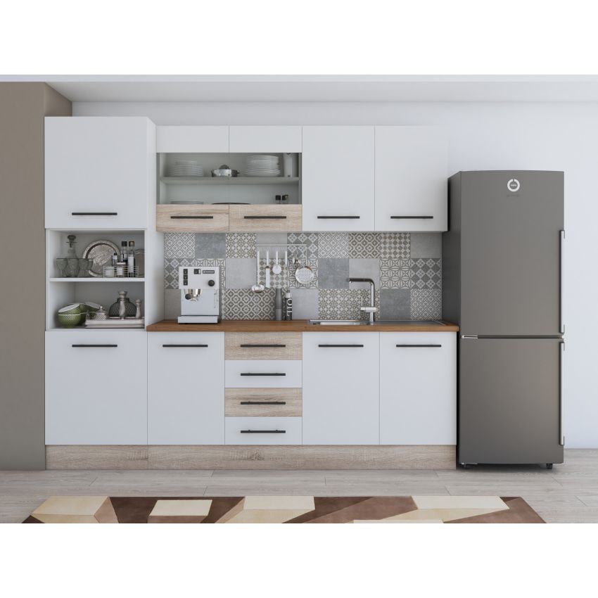 Bucatarie Alfa 240, Soldat, Cu vitrina, Alb, Blat termic nuc