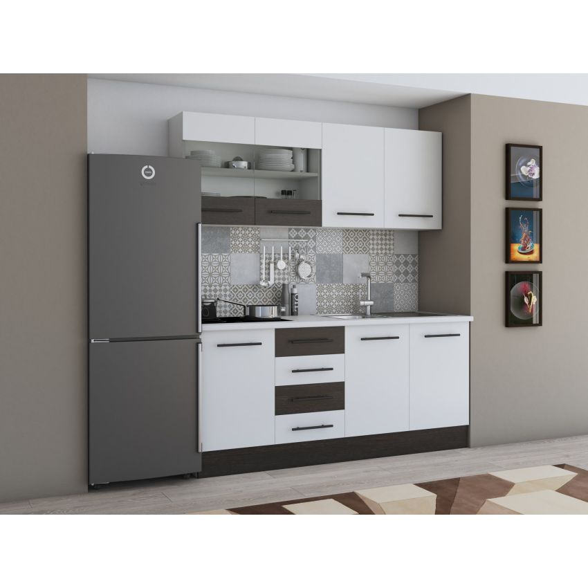 Bucatarie Alfa 180, Cu vitrina, Alb/Wenge, Blat termic alb