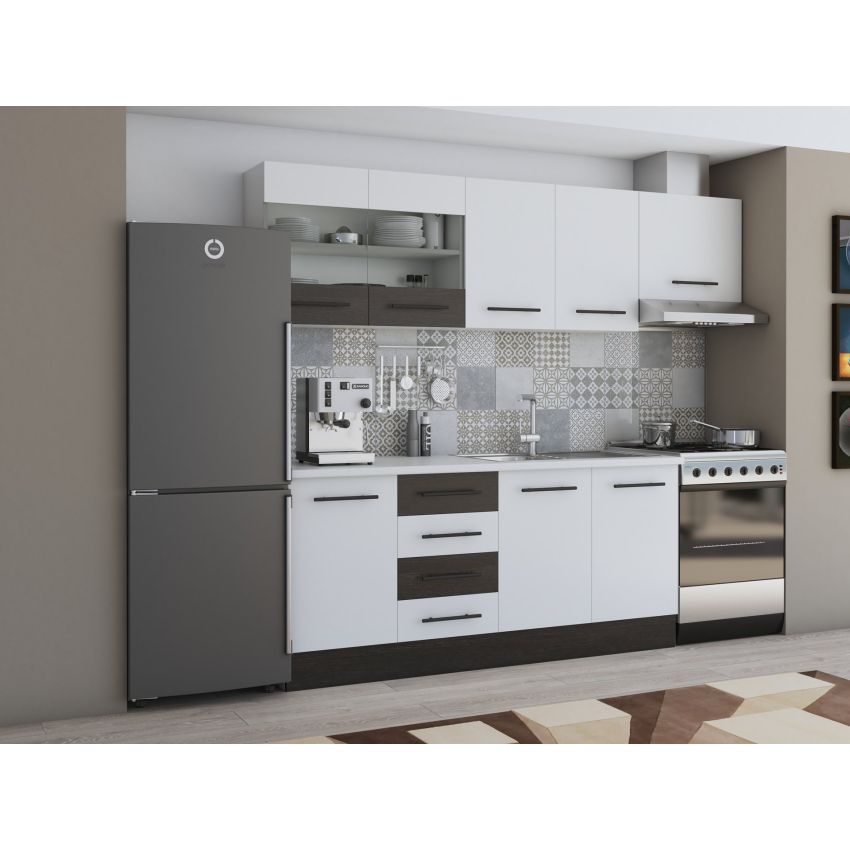 Bucatarie Alfa 240, Corp hota, Cu vitrina, Alb/Wenge, Blat termic alb