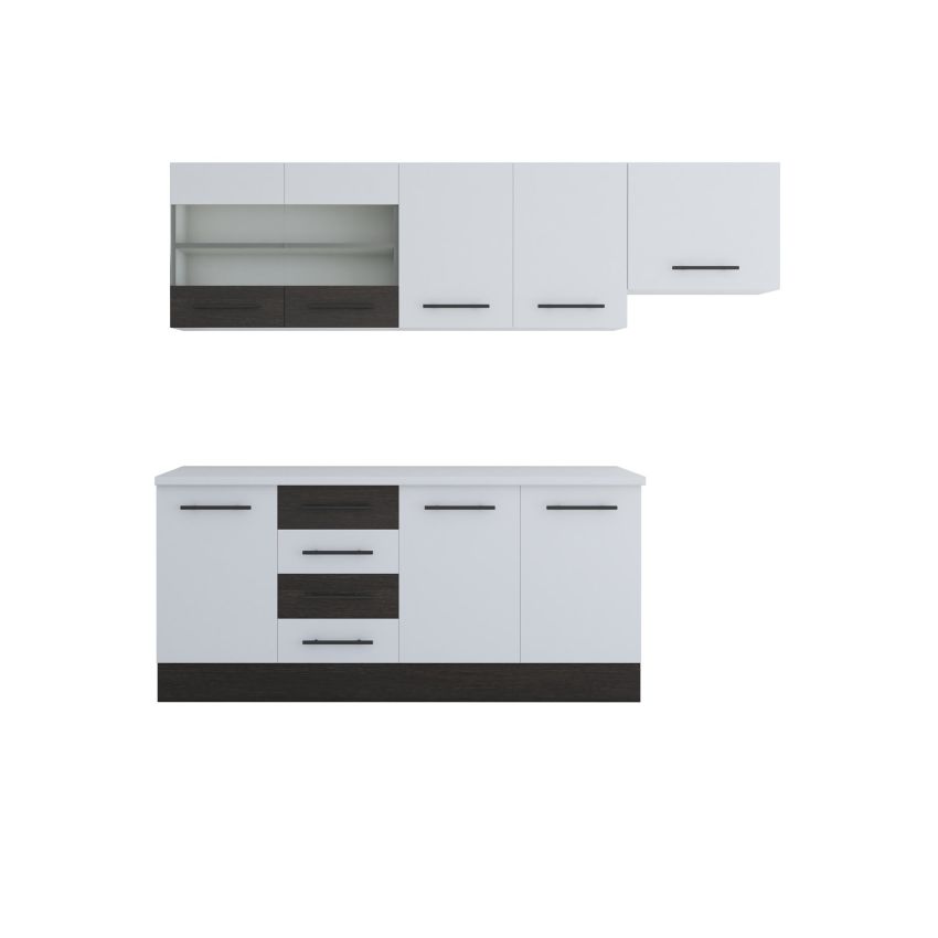 Bucatarie Alfa 240, Corp hota, Cu vitrina, Alb/Wenge, Blat termic alb