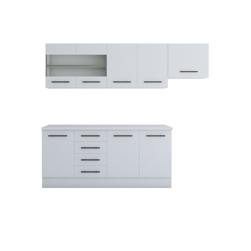 Bucatarie Alfa 240, Corp hota, Cu vitrina, alb, Blat termic alb