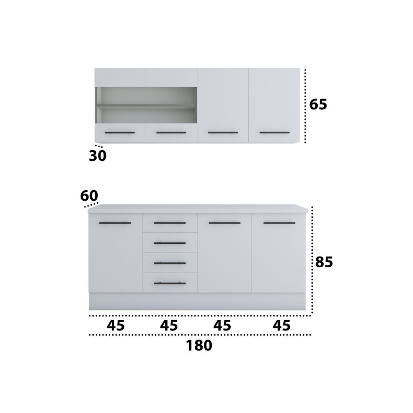Bucatarie Alfa 180, Cu vitrina, Alb, Blat termic alb