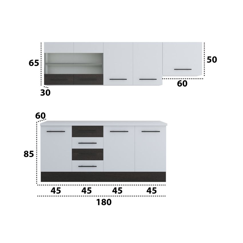 Bucatarie Alfa 240, Corp hota, Cu vitrina, Alb/Wenge, Blat termic alb